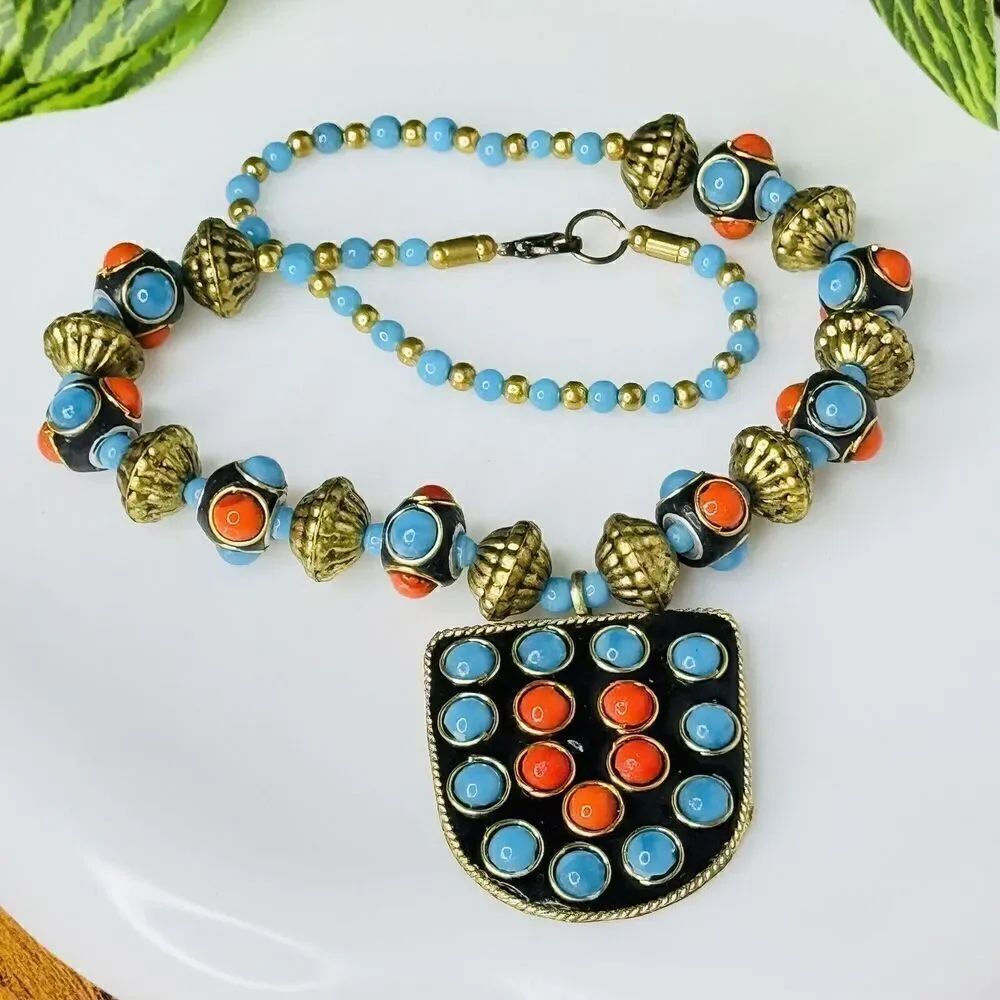 Vintage Splendid Pendant Necklace Nepali Nepalese Beads Teal Red Brass 1008